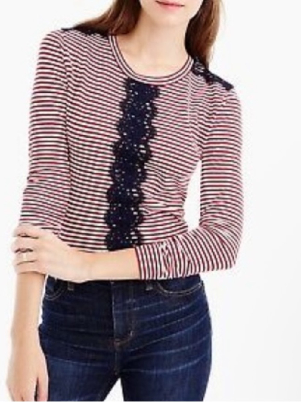 J. Crew red white blue striped lace overlay top size M